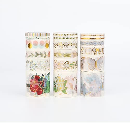 LGEGE 18 Rolls Washi Tape Set-40/20/15/9/5 mm Wide,Gold Blocking Pattern,Flower Butterfly Plant Element,Natural Vigour of Decoration for Scrapbook,Gift Wrapping,Scrapbooking Supplies,Bullet Journal
