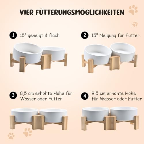 SPUNKYJUNKY 15° Kippbare Keramik Hundenapf mit Holzständer Futter und Wassernapf rutschfest für Hunde und Katzen mit Flachen Gesichtern Kleinen und Mittelgroßen Hunden (400ml × 2, Weiß)