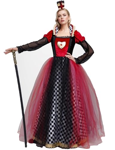 ZEXIGLAD Queen of Hearts Costume Women Halloween Costume Woman 2025 Alice in Wonderland Outfits Fancy Cosplay Dress for Adult Red Heart Scepter M