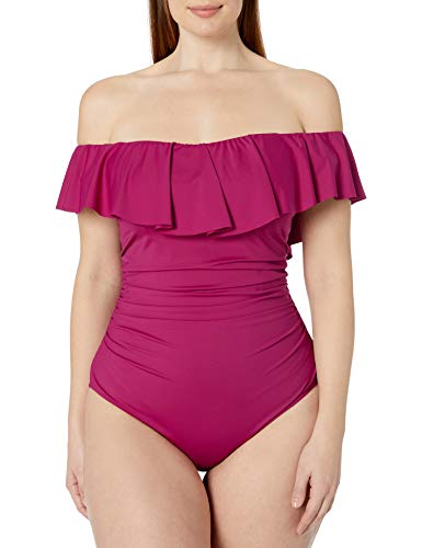 La Blanca Women's Plus Size Ruffled Bandeau One Piece Swimsuit, Wine, 16W