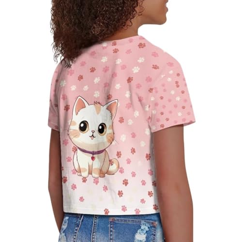 Image of Cat Print Girls Cotton T Shirts Size 7-8 Cute Crop Tops for Toddler Loose Short Sleeve Shirts for Girls Graphic Tees for School Thicken Summer Clothes for Kids Gift for Her, X-Small