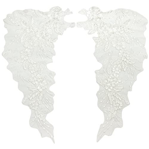 Flower Embroidery Sequin Lace Appliques Trim Floral Embroidered Sew on Patches for Wedding Bridal Dress Party Gown Bodice Craft DIY, 1 Pairs (White) - Thumbnail 6
