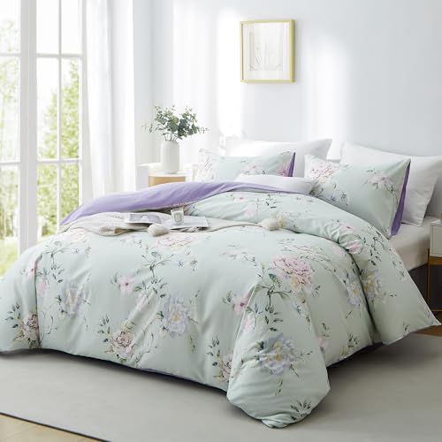 Image of BOLINLIVING Floral Duvet Cover Full Size 3 Pieces, Flower Duvet Cover with 2 Pillow Shams, Soft Floral Bedding Set Sage Green and Purple for All Season, Breathable, Zipper Closure