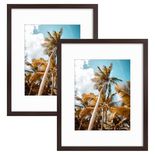 Image of Frametory, 16x20 Picture Frame with Mat for 11x14 Picture- - High Definition Glass Wide Molding - Preinstalled Wall Mounting Hardware (Brown, 2 Pack)