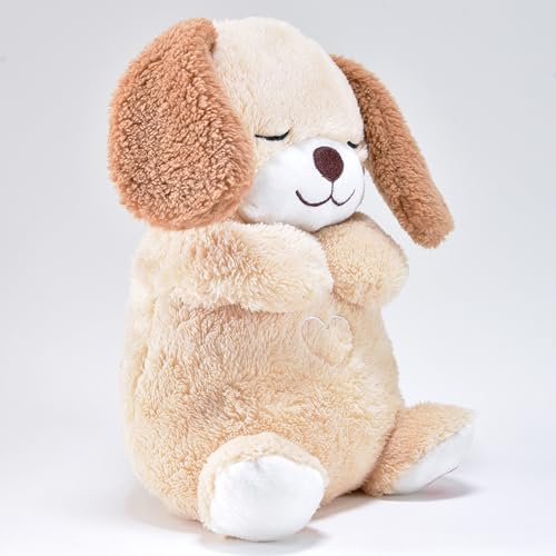 Kögler 45239 - Atmendes Einschlaf-Plüschtier Hund, ca. 26 cm groß, mit Atembewegungen und Leuchtfunktion auf Knopfdruck, mit Einschlafmusik für Babys und Kinder, batteriebetrieben