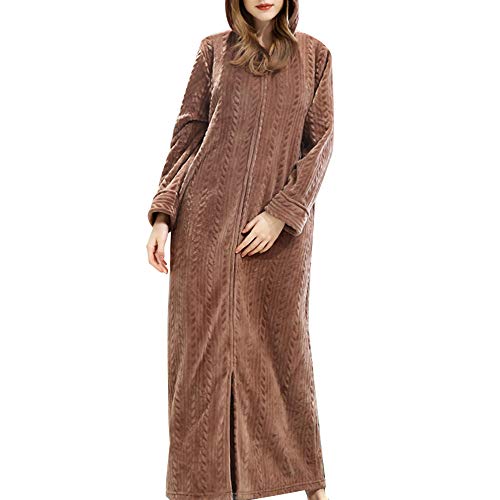 Women's Full Zip Fleece Warm Robe Cozy Fluffy Full Length Hooded Long Bathrobe Winter Flannel Fleece Sleepwear with Hood Long Plush Pajamas Robe, Coffee, XL(Fits Like USA L-XL)
