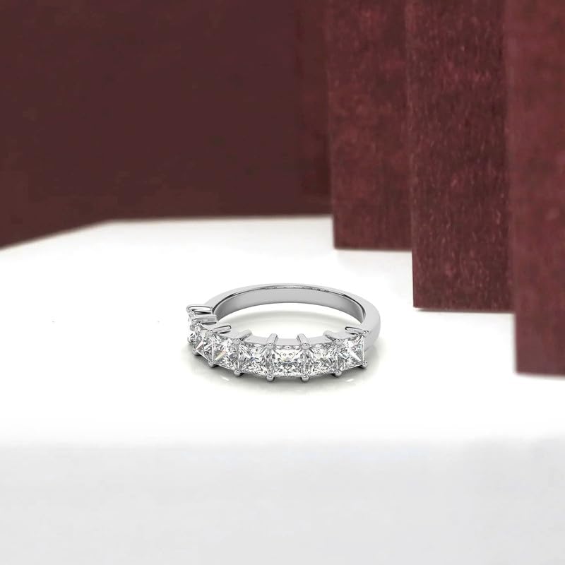 Princess Cut Moissanite Band Ring for Women, 7 Stone Half Eternity Wedding Band Moissanite Anniversary Ring Fine Silver Jewelry Gift for Her