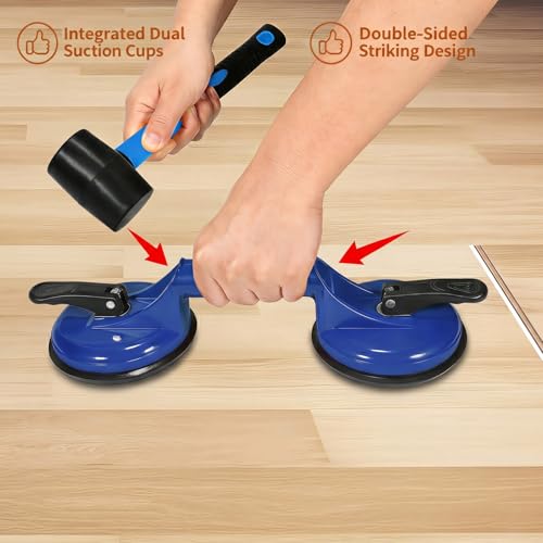 Image of Floor Gap Fixer Tool Heavy Duty Striking Surface Floor Gap Repair Tool, Aluminum Alloy Enhanced 2 Suction Cups with Double-sided Striking Points and Rubber Mallet for Laminate /Vinyl Flooring