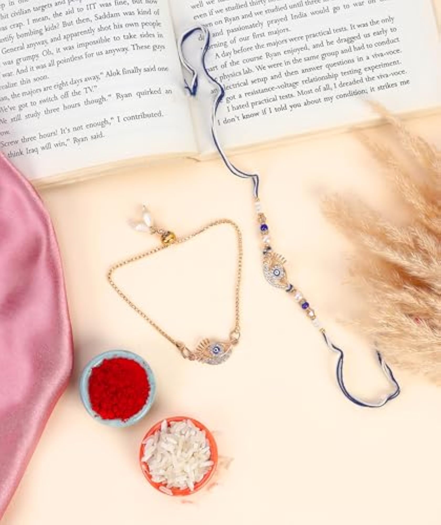 Evil Eye Rakhi Set with Pearl Beads & Crystal Bracelet