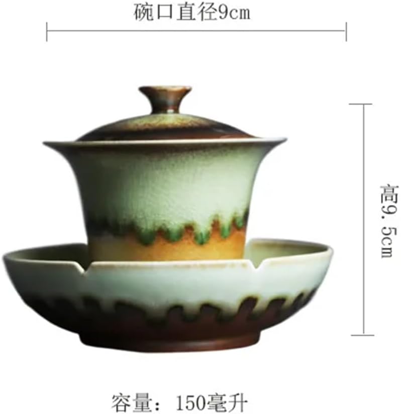 Wood Burnt Horseshoe Covered Bowl with Tray Vintage Ceramic Kung Fu Canton Brewing Tea