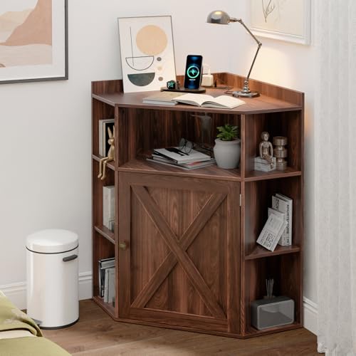 Image of Halitaa Corner Storage Cabinet, Farmhouse Corner Bookshelf with Storage 6-Cubby Wooden Cabinet with USB Ports and Outlets Industrial Organizer for Small Space, Study, Playroom, Living Room, Walnut