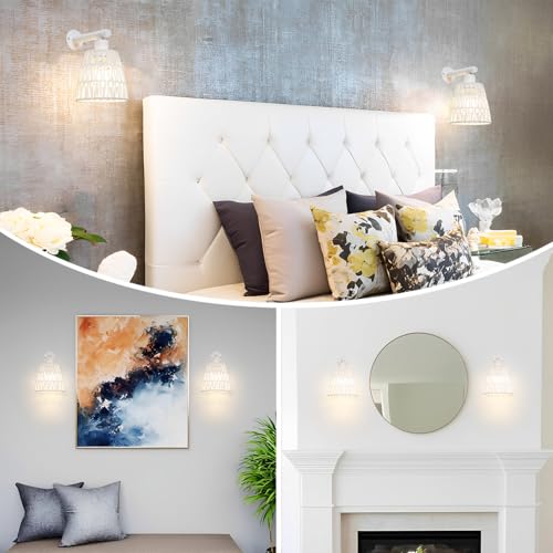 Image of White Battery Operated Wall Sconce Set of 2, Boho Rattan Rechargeable Wall Lights with Dimmable Bulbs and Remote,15 Colors Wireless Wall Lamps for Bedroom Living Room Hallway Decor
