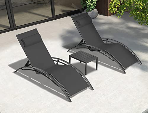 PURPLE LEAF 2-er Set Sonnenliege Aluminium Gartenliege mit Beistelltisch und Kopfkissen, Liegestuhl Garten 4-Fach Verstellbar, Bäderliege, Stapelbar, Bis 150 kg, Schwarz Cover