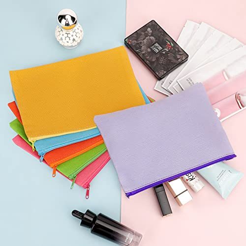 Image of 12 Pieces Cotton Canvas Makeup Bag, Multipurpose Cosmetic Bag with Zipper Travel Toiletry Pouch, Blank DIY Craft Bag (Multicolored B, XL)