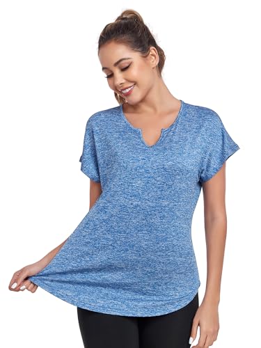 Women's Short Sleeve Workout Shirts V Neck Exercise Yoga Basic Top Quick Dry Side Split2