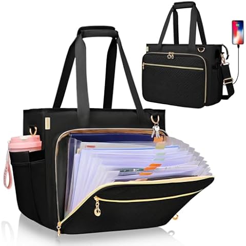 Sambois Teacher Tote Bag with Accordion File Organizer Pocket, Soft Nylon Teacher Utility Bag with 15.6 inch Laptop Compartment& USB Port, Large Work Tote Bag for Teacher Office Supplies Women (Black) Cover