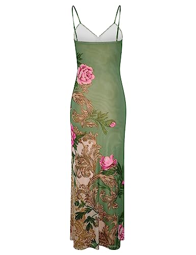 Image of Womens Sexy V Neck Satin Maxi Dresses Spaghetti Strap Floral Print Dresses Slim Fit Elegant Long Dresses Night Party Outfits