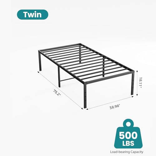 Image of Sweetcrispy Twin Size 18 Inch Platform Bed Frame, Heavy Duty Metal Foundation Frame, Noise-Free Sturdy Steel Slats, Underbed Storage, No Box Spring Needed, Quick Setup