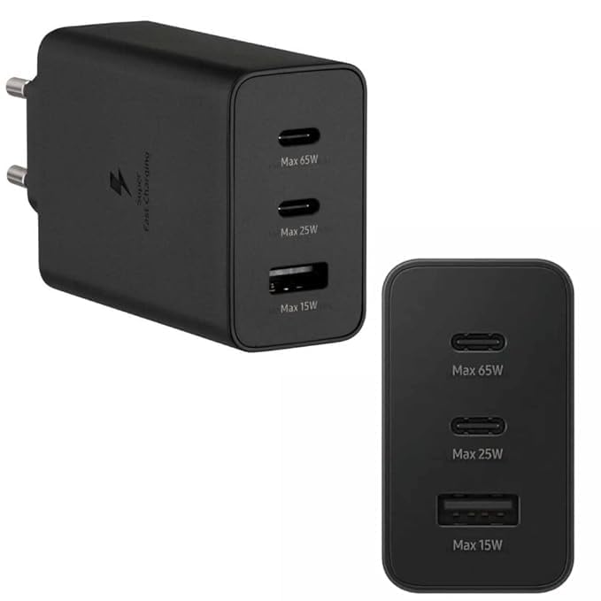Image of Fast Charging 65W: 3 Port Charger for Samsung Galaxy S23U,S22U, FOLD 5-4-3-2-1, NOTE20U-20, & S-F-N Series - High-Speed, Fast, and Efficient (Adapter)