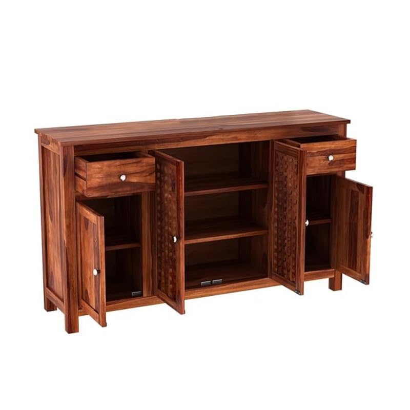 Image of Amazon Brand - Solimo Solid Sheesham Wood Minza Sideboard Cabinet with 2 Drawers & 4 Doors | Multipurpose Storage Organizer for Crockery, Bedroom Living Room, Kitchen & Office Furniture (Honey Finish)
