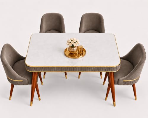 Image of WOODEN SPACE Majestic 4 Seater Wooden Dining Table Set | Urban Marble Top Dining Table with Chairs for Dining Room & Kitchen (Brown Grand Aura) (54 x 36 x 30 inch)