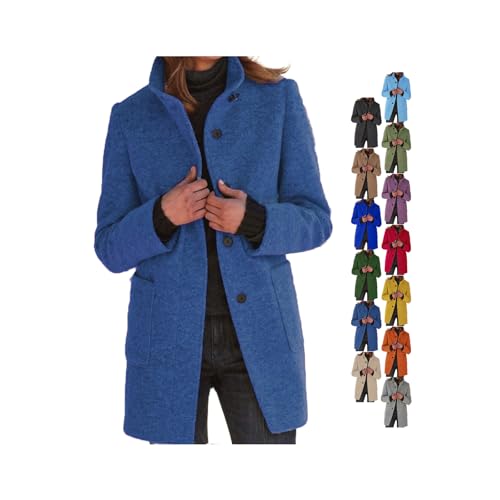 Image of Women Winter Long Pea Coat - Winter Stand Collar Single Breasted - Thicken Blazer Long Sleeve Jacket (Denim-Blue,Large)