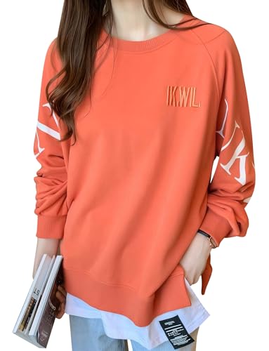 [Maeau] プリント ロングTシャツ プルオーバー パーカー トレーナー 重ね着風 オーバーサイズ 可愛い ゆったり 着瘦せ 韓国ファッション カジュアル デート 春夏秋 オレンジ XL