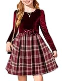 Arshiner Girls Dresses Long Sleeve Velvet Plaid Patchwork Holiday Party Dress with Pockets Red Wine Plaid Kids 7-8 Y