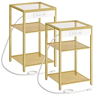 HOOBRO End Tables Set of 2 with Charging Station, Side Tables with USB Ports & Power Outlets, 3-Tier Slim Nightstands with Storage Shelves, Tempered Glass, for Living Room, Bedroom, Gold GD77UBZP201