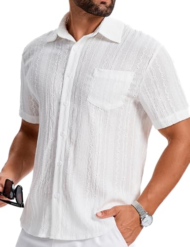 Mens Beach Shirt Wrinkle Free Hollow Shirts Short Sleeve Button Down Shirts Tropical Tops2