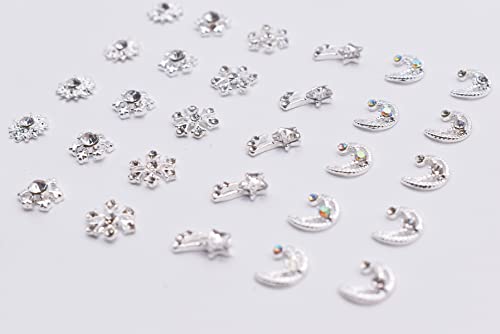 Lifoost 30Pcs Stars Moons Nail Charms With Rhinestones Silver Snowflakes Nails Charms For Nail Art 3D Women Nail Jewelrys #TOP2