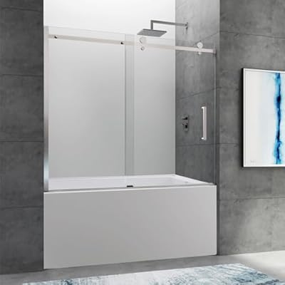 CKB Frameless Sliding Bathtub Doors, 57 1/2-60 in. W Adjustable x 60 in. H, 5/16 inch(8mm) Tempered Safety Glass Thickness, Reversible for Left or Right, Brushed Nickel Hardware Kit, Tampa