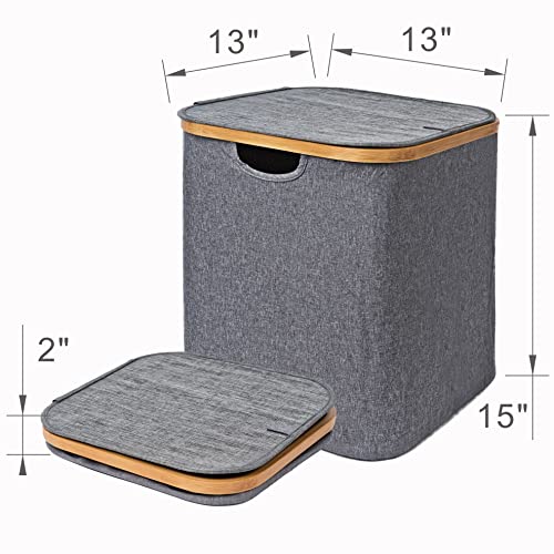 Square Foldable Bamboo Frame Laundry Hamper With Lid, Dirty Clothes Basket, Laundry Room Clothes Organizer 13"X13"X15" #TOP2