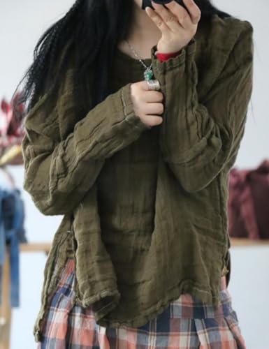 Womens Linen Blouse Textured Tunic Long Sleeve High Low Gauze Shirt Casual Pullover Tops2