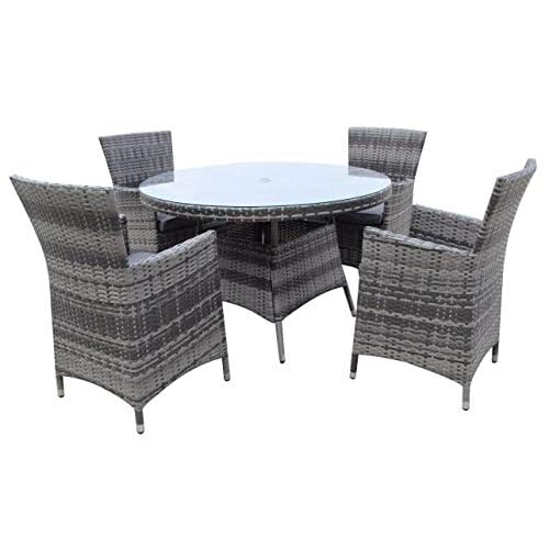 5PCS Rattan Furniture Set, 4 Seater Garden Furniture Dining Table Set, Luxury Patio Conservatory Rattan Dining Table Set 120 CM Round Table & 4 Chairs with Cushion Garden Patio Furniture(Gray)