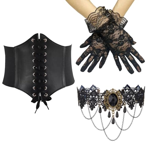 ZXTGBQ 3 Piezas Cinturón Mujer Retro Traje con 1 Collar Negro y 1 Par de Guantes de Encaje, Cinturon Corset Pirata Mujer Cinturones Corset Elástico Ancho para Cosplay, Fiesta y Halloween
