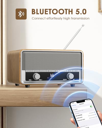 image for Audiocrazy Vintage Wood AM FM Bluetooth Radio Plug in Wall, Digital Ra