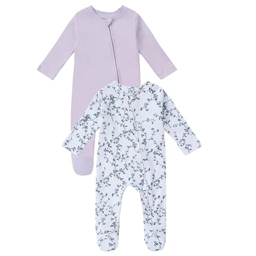 Baby Pajamas for Boys Girls, 2-Pack, Two Way Double Zipper Sleeve Footie Romper Clothes with Floral Design, 3-6 Month Sleeper & 100% Cotton PJs for Newborn