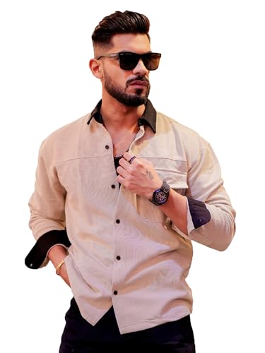 Image of Maniac Mens Solid Collared Neck Full Sleeve Biscuit and Black Cotton Shirt