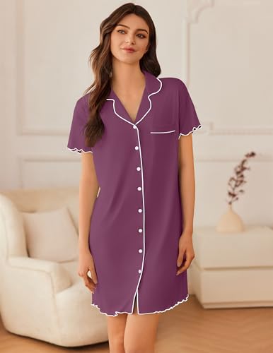 Image of Ekouaer Nightgowns for Women Button Down Sleep Shirt Short Sleeve NightShirts Boyfriend Sleepdress Soft Pajama Dress