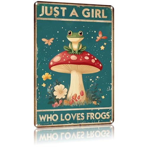 Funny Frog Metal Tin Sign Just A Girl Who Loves Frogs Retro Aluminum Sign Wall Decor for Home Kitchen Bar Cafe Pub Garden 12×16 Inch