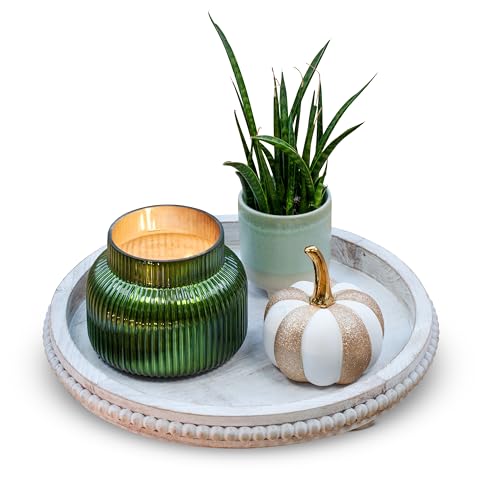 Round Wood Tray for Centerpiece Table Decoration, Rustic Beaded Wooden