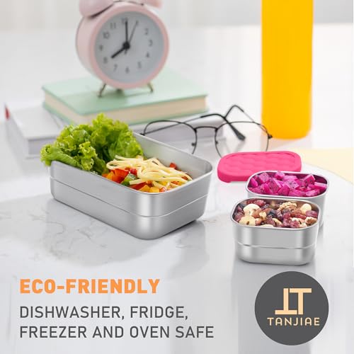 Image of Tanjiae Stainless Steel Lunch Box for Kids | Leak Proof 304 Stainless Steel Snack Containers with Silicone Lids - Perfect Metal Food Containers Set for Kids and Toddlers (25oz+8oz*2)