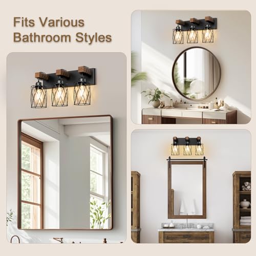 Image of IZORRO Farmhouse Bathroom Vanity Light, 3-Light Wood Bathroom Light Fixtures Over Mirror, Black Industrial Vanity Lights with Metal Shade, Rustic Restroom Lighting Fixtures