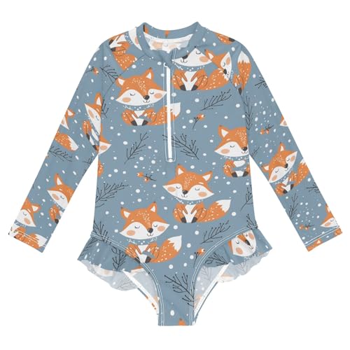 Cute Fox and Snow Girls Long Sleeve Swimsuit Rash Guard One Piece Bathing Suits Zipper 3-12T