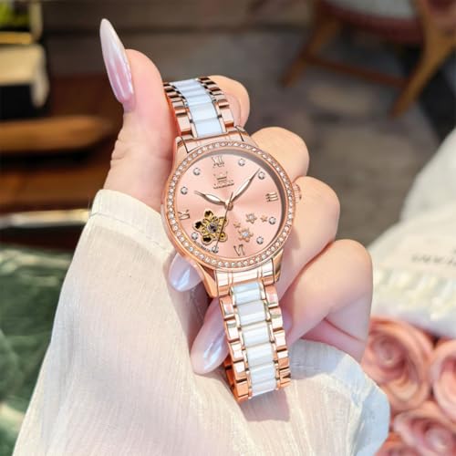 Image of OLEVS Womens Watches Automatic Luxury Dress Ladies Watch Ceramic Strap Rose Gold Self Winding Female Wrist Watch