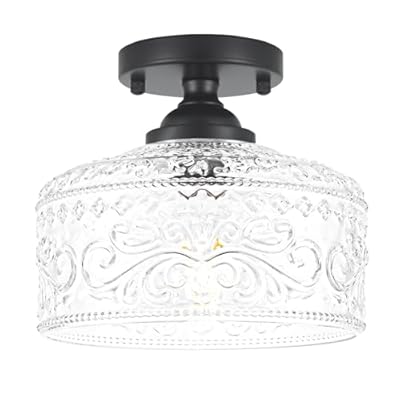 Small Semi Flush Mount Ceiling Light Fixture, Vintage Matte Black Close to Ceiling Lighting with Etched Glass Shade for Hallway, Kitchen, Entryway (Retro Design, Easy Install)
