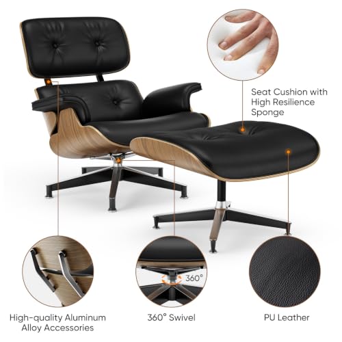 Image of Top Black PU Leather, Mid Century Chaise Lounge Chair and Ottoman, Modern Chair Classic Design, Walnut Wood, Heavy Duty Base Support for Living Room Office
