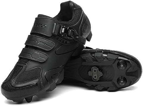 Mens Mountain Bike Shoes with 2-Bolts SPD Cleats Included, Cycling Shoes with Quick Ratchet Buckle Indoor Outdoor Riding Biking Black 46