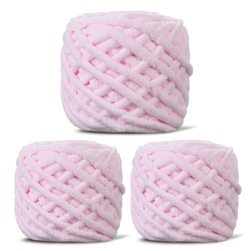 Image of 3 Pack Plush Chenille Chunky Yarn for Crocheting 100g(54.6yd) - Bulky Thick Fluffy Yarn for Knitting- Soft Velvet for Baby, Blanket Knitting Blanket Yarns- Amigurumi Yarns (3-Pink)